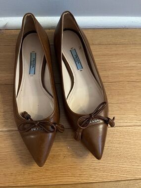Prada Brown Pointed Toe Leather Ballet Flats with Bow